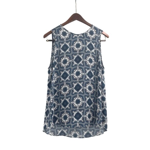 Theory Womens Sleeveless 100% Silk Shell Tank Top Large Blue White Geometric - Picture 1 of 8
